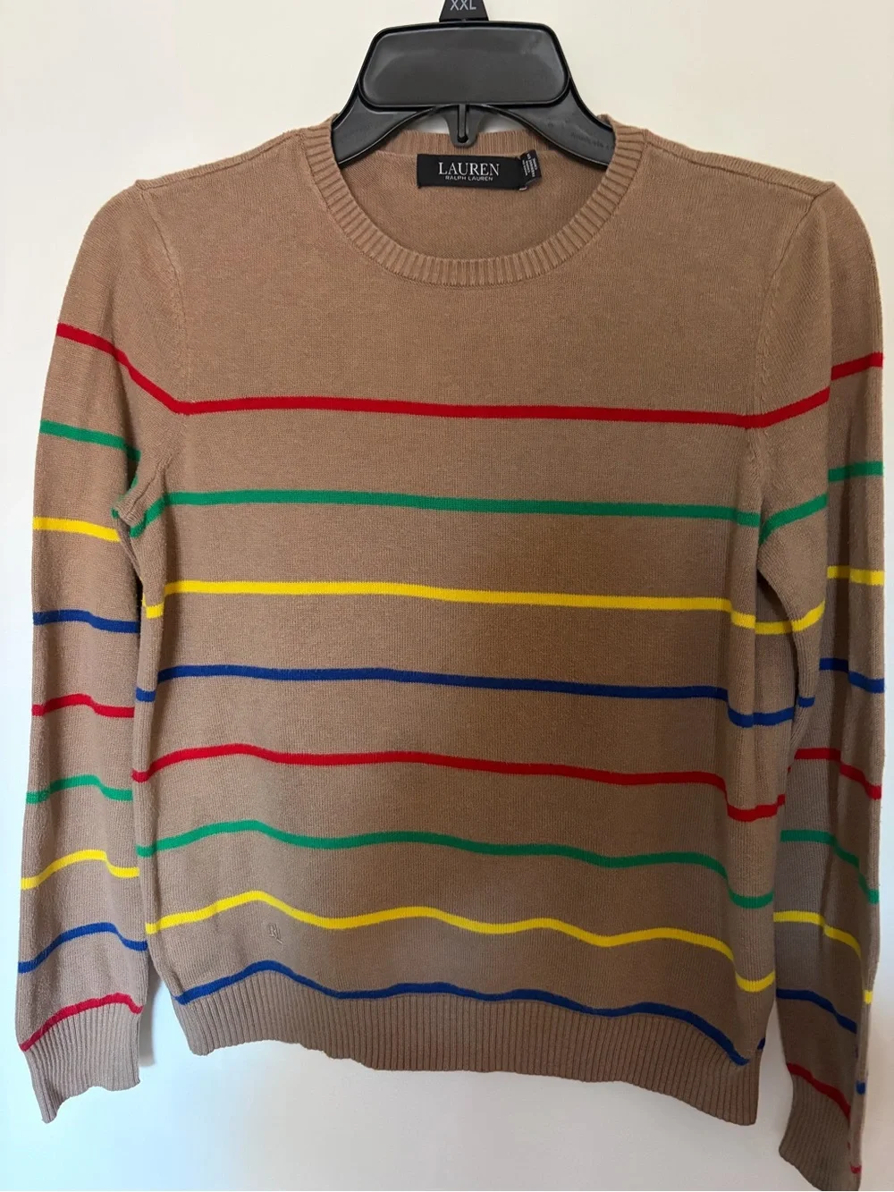 Boys Ralph Lauren Tan Crewneck Sweater with Red, Green, Yellow & Blue Stripes